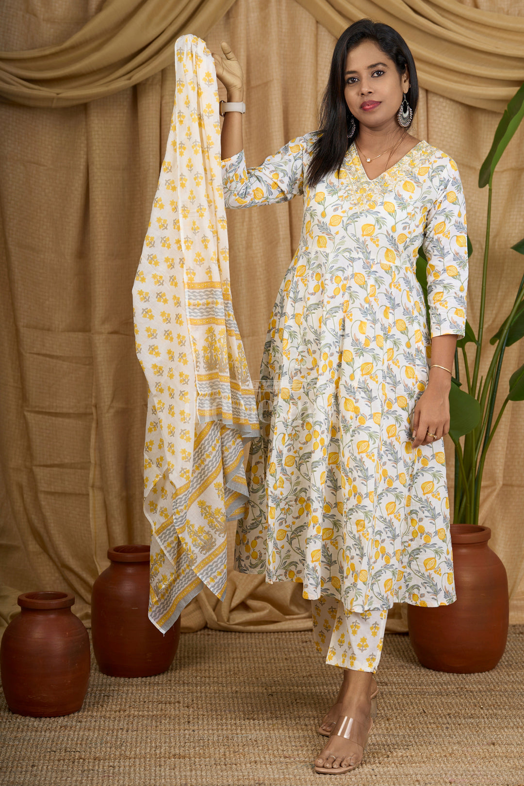 Yellow Anarkali Set with Floral Print and Embroidered Dupatta