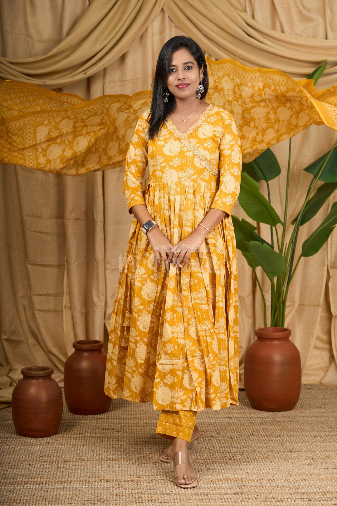 Mustard Yellow Anarkali Suit with Silver Embroidered Neckline