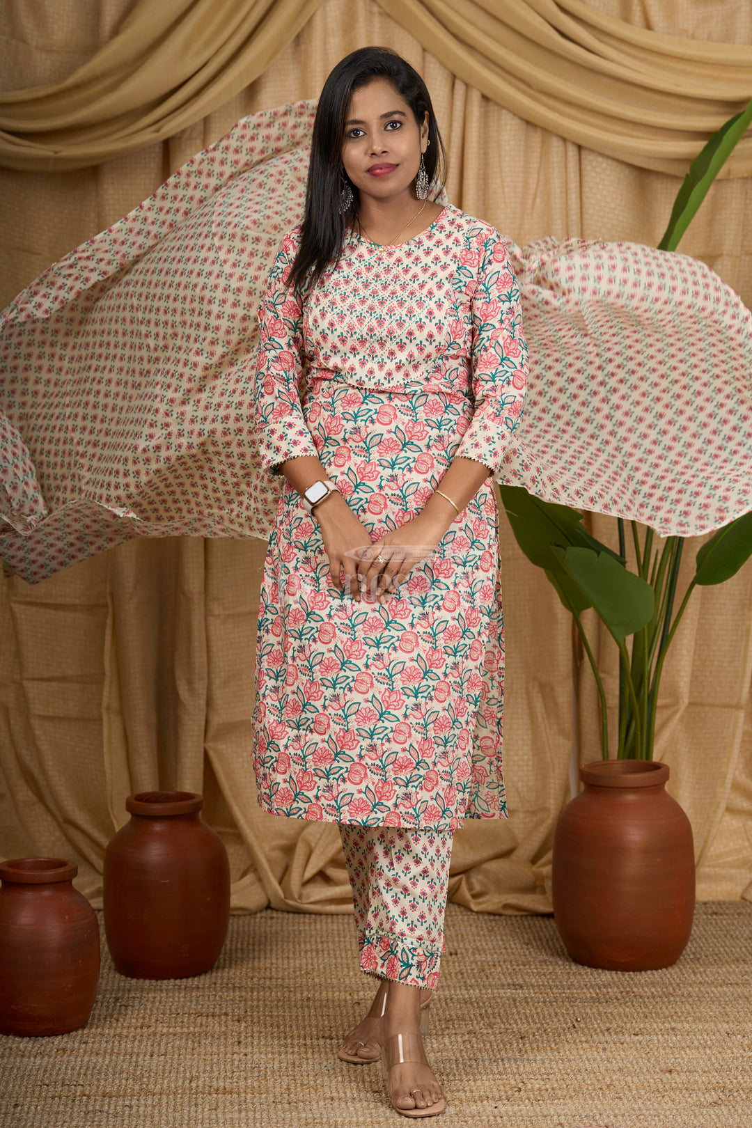 Beige Floral Print Cotton Kurta Set with Palazzo and Dupatta