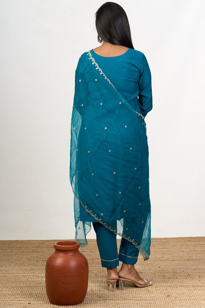 Women’s Blue Dress in Blend Silk with Embroidered Neckline and Sheer Dupatta