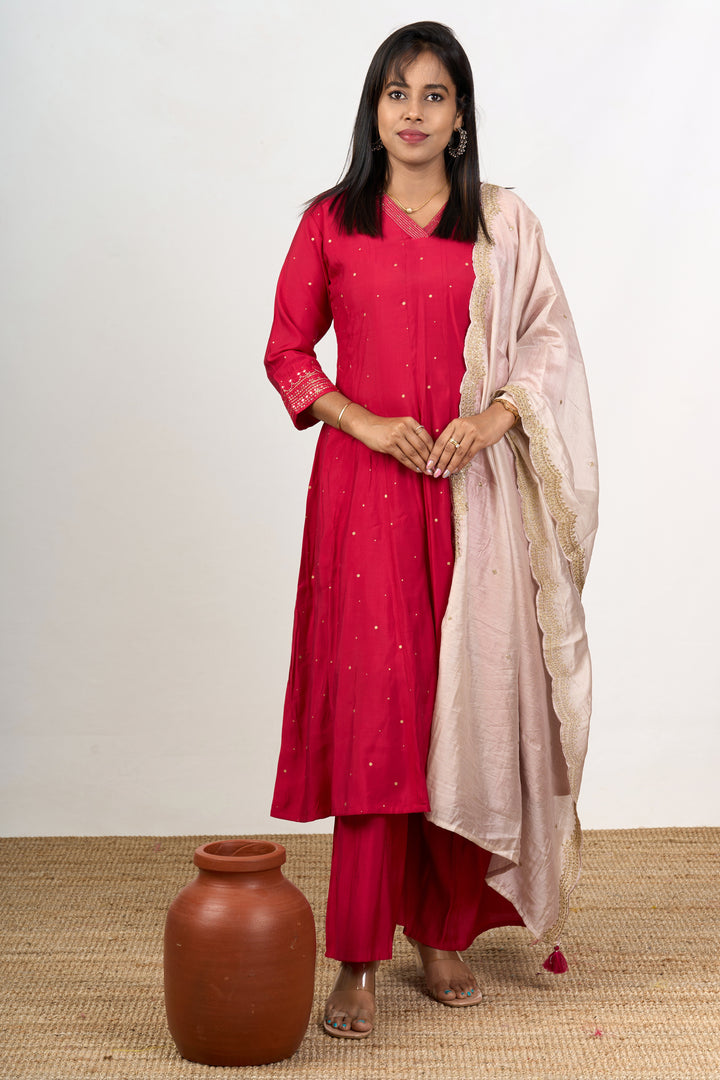 Premium Kurta Sets in Blend Silk with Red Elegance and Delicate Embroidery for Women