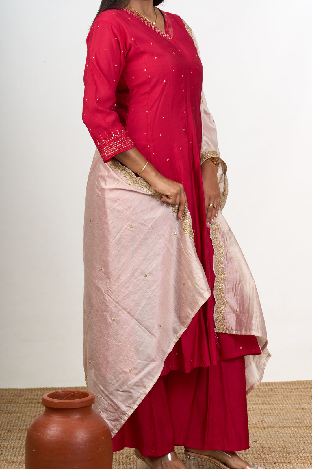 Premium Kurta Sets in Blend Silk with Red Elegance and Delicate Embroidery for Women