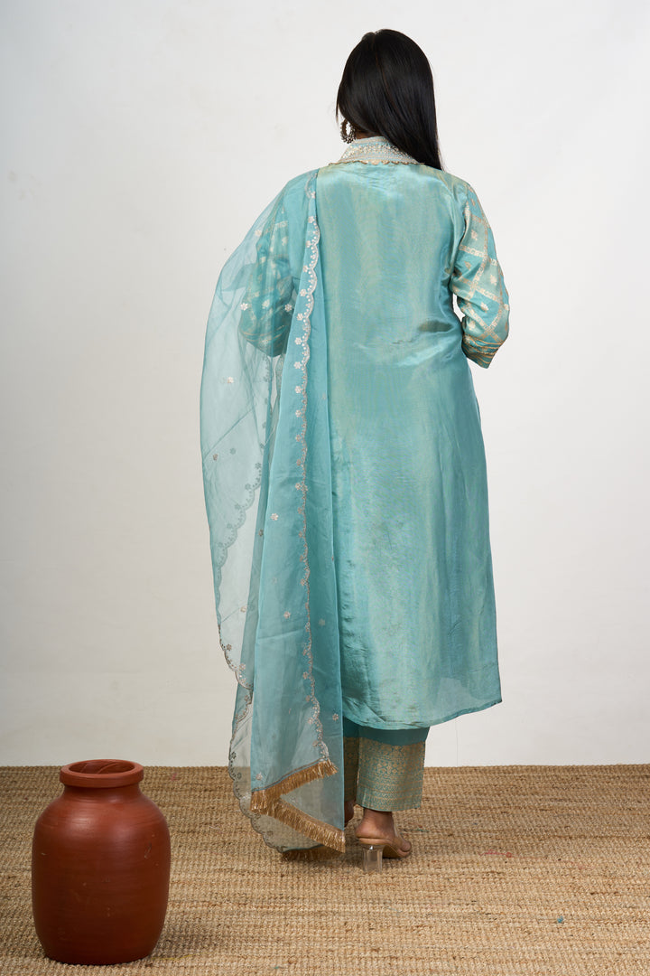 Women’s Dresses Embroidered in Aqua Art Silk with Sheer Dupatta and Detailed Neckline