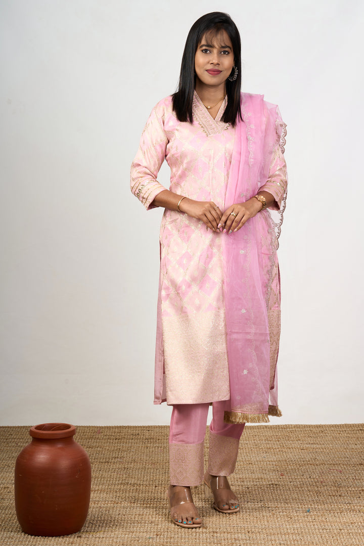 Ethnic Kurta Sets for Wedding in Pink Art Silk with Ornate Gold Accents and Dupatta