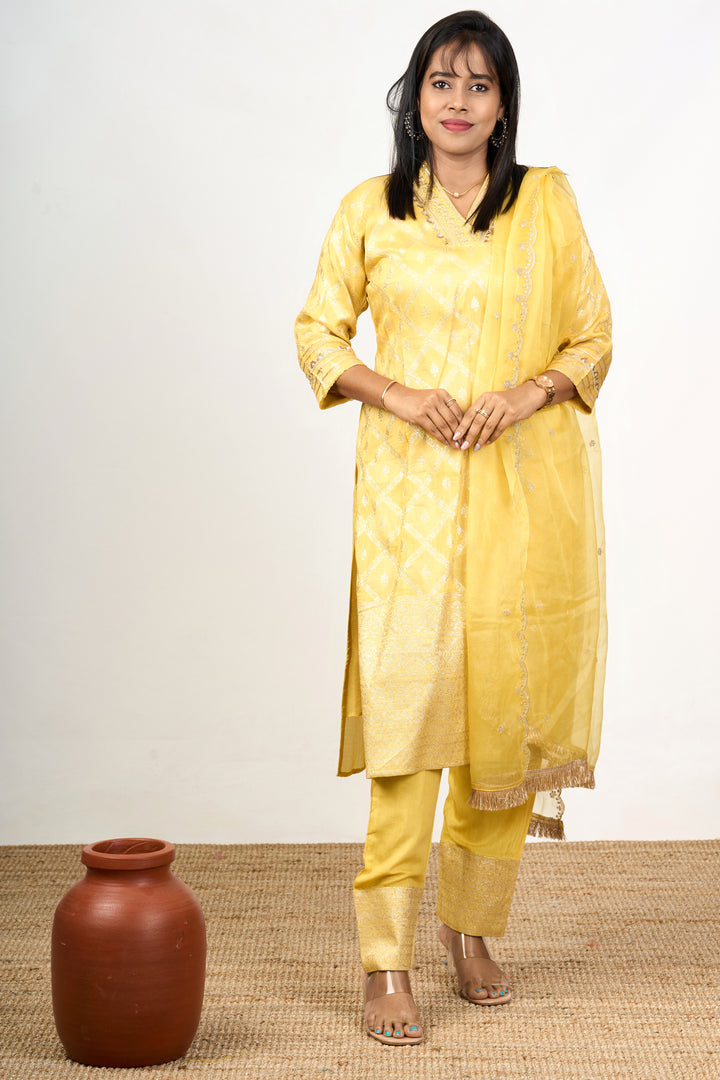 Women’s Pant Suit Set in Yellow Art Silk with Embroidered Neckline and Dupatta