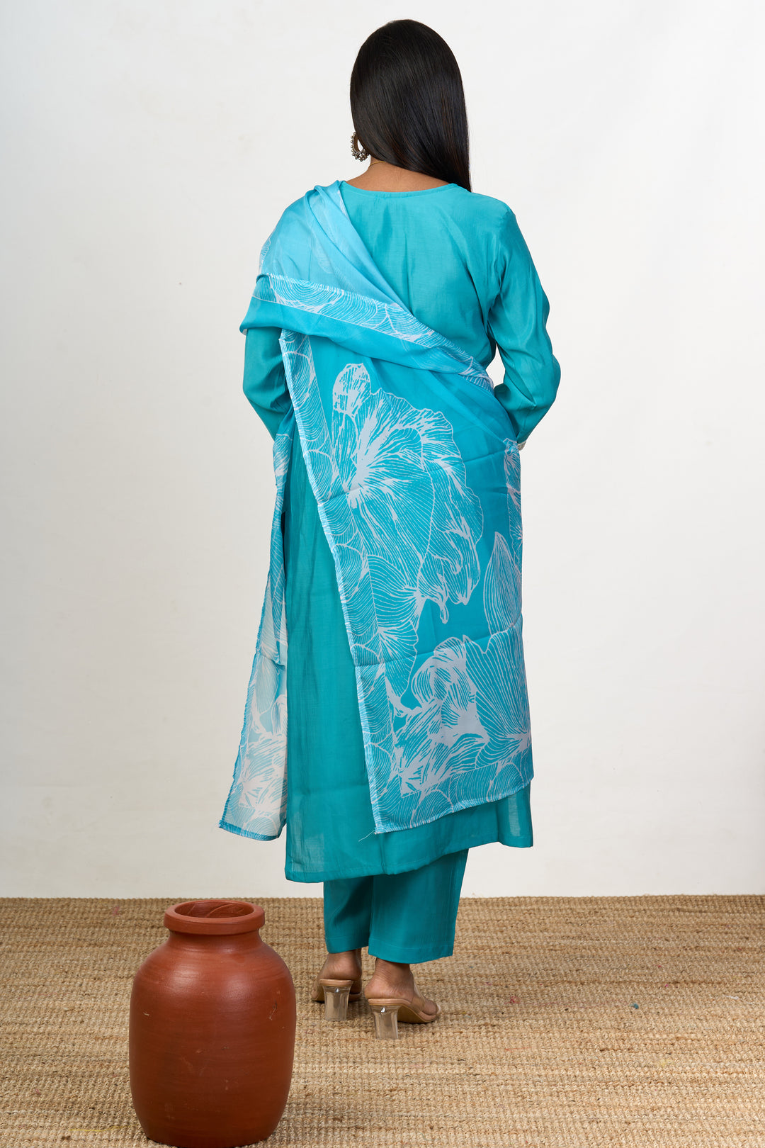 Stylish Kurta Sets for Ladies in Blue Blend Silk with Delicate Lace and Floral Details