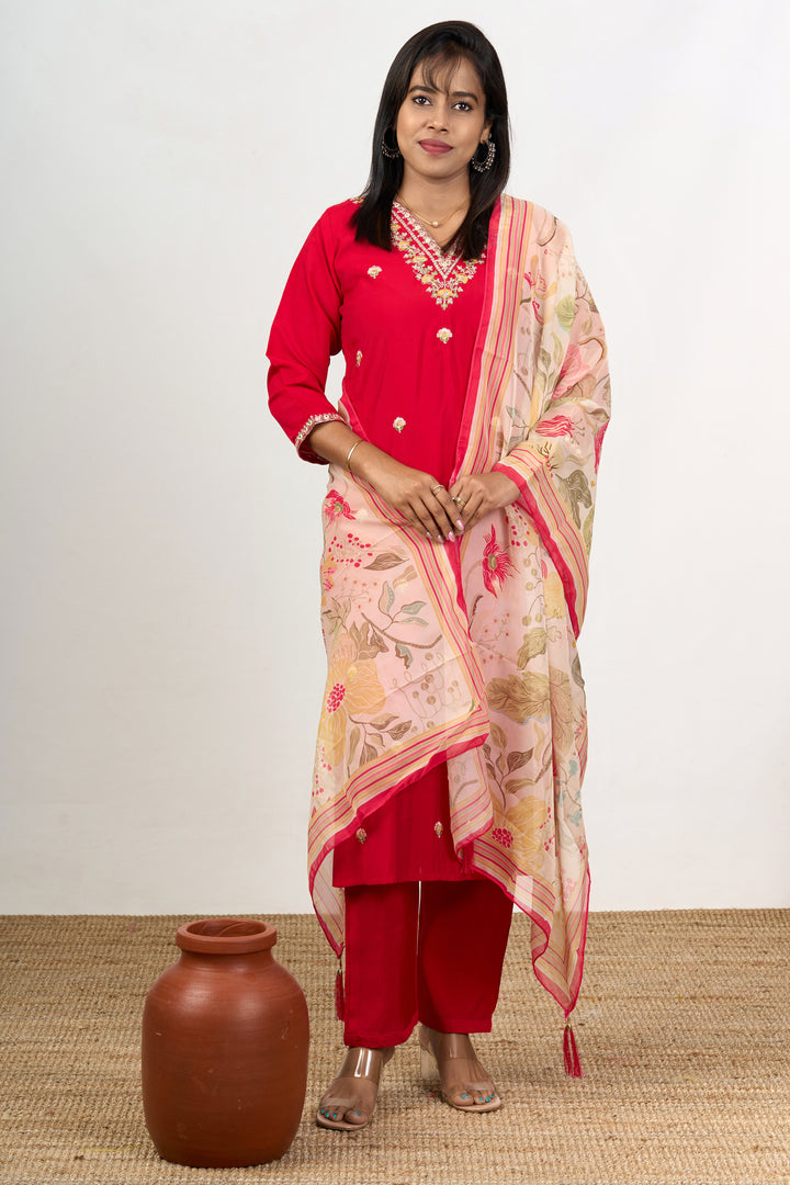 Classy Blend Silk Kurta Set for Women with Delicate Embroidery and Printed Dupatta