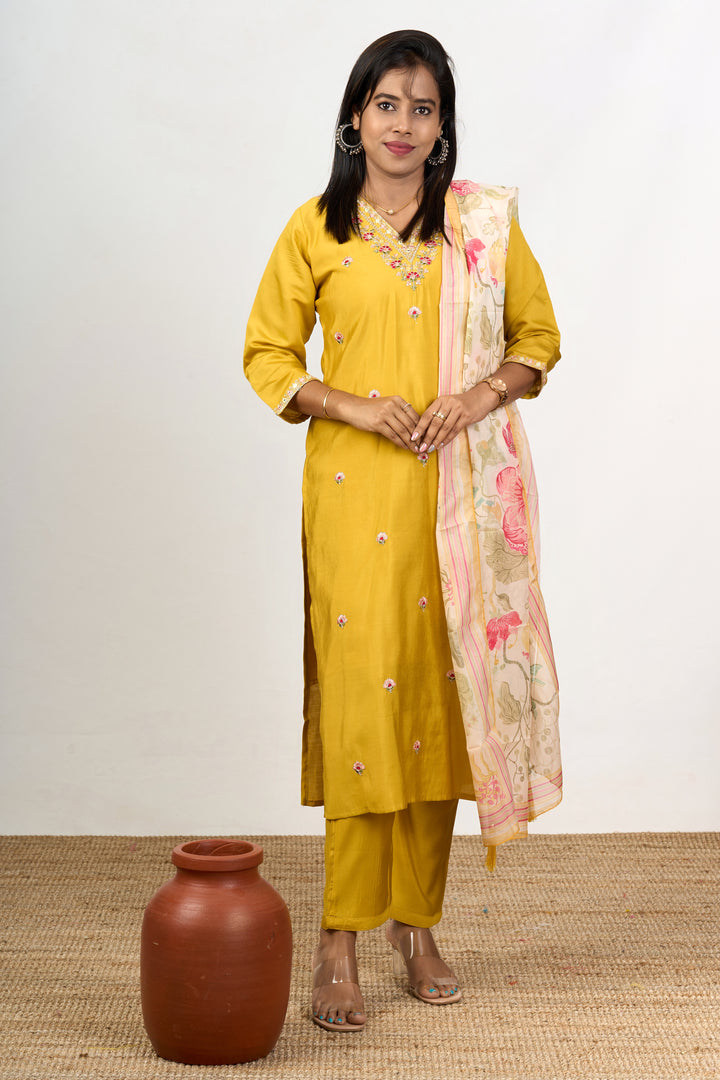 Kurti Pant Set with Dupatta in Mustard Yellow Blend Silk with Delicate Floral Embroidery