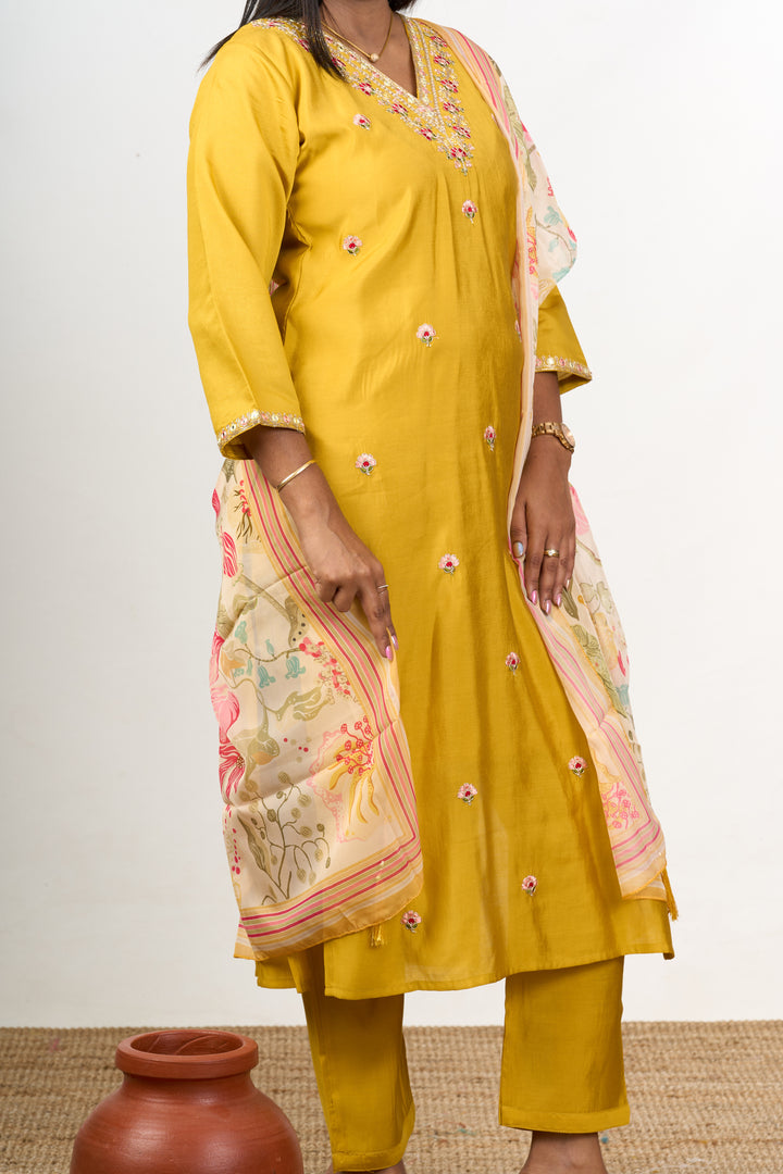 Kurti Pant Set with Dupatta in Mustard Yellow Blend Silk with Delicate Floral Embroidery