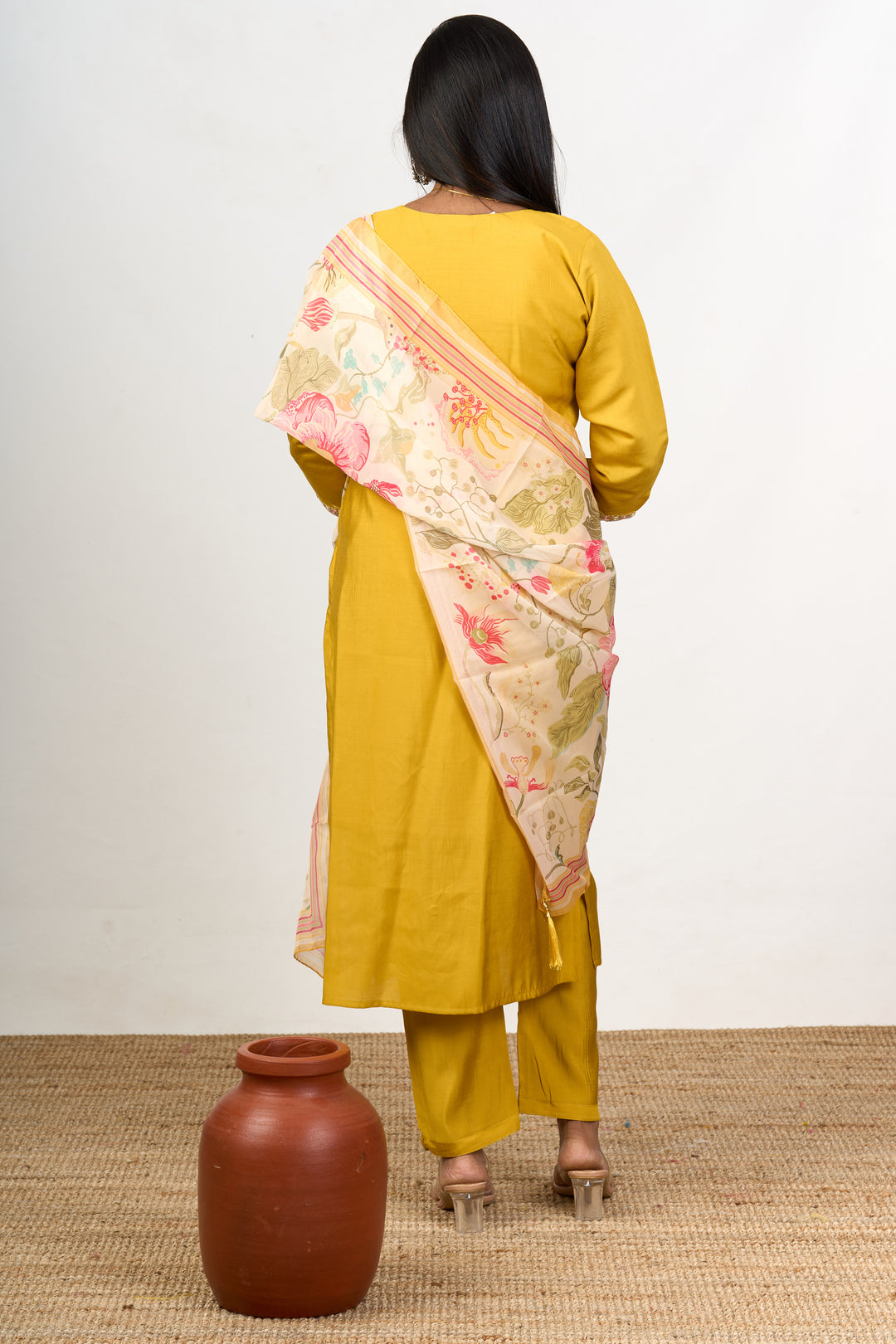 Kurti Pant Set with Dupatta in Mustard Yellow Blend Silk with Delicate Floral Embroidery