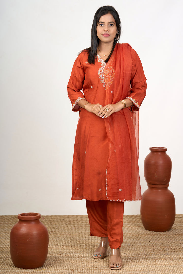 Wedding Wear Kurta Sets in Orange Art Silk with Intricate Embroidery and Matching Dupatta