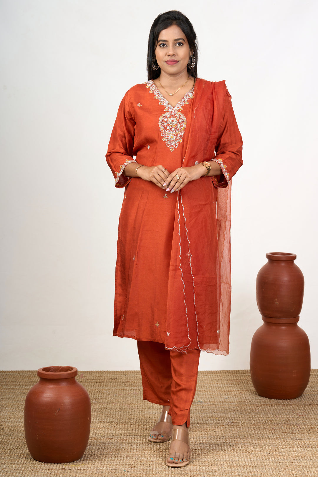 Wedding Wear Kurta Sets in Orange Art Silk with Intricate Embroidery and Matching Dupatta