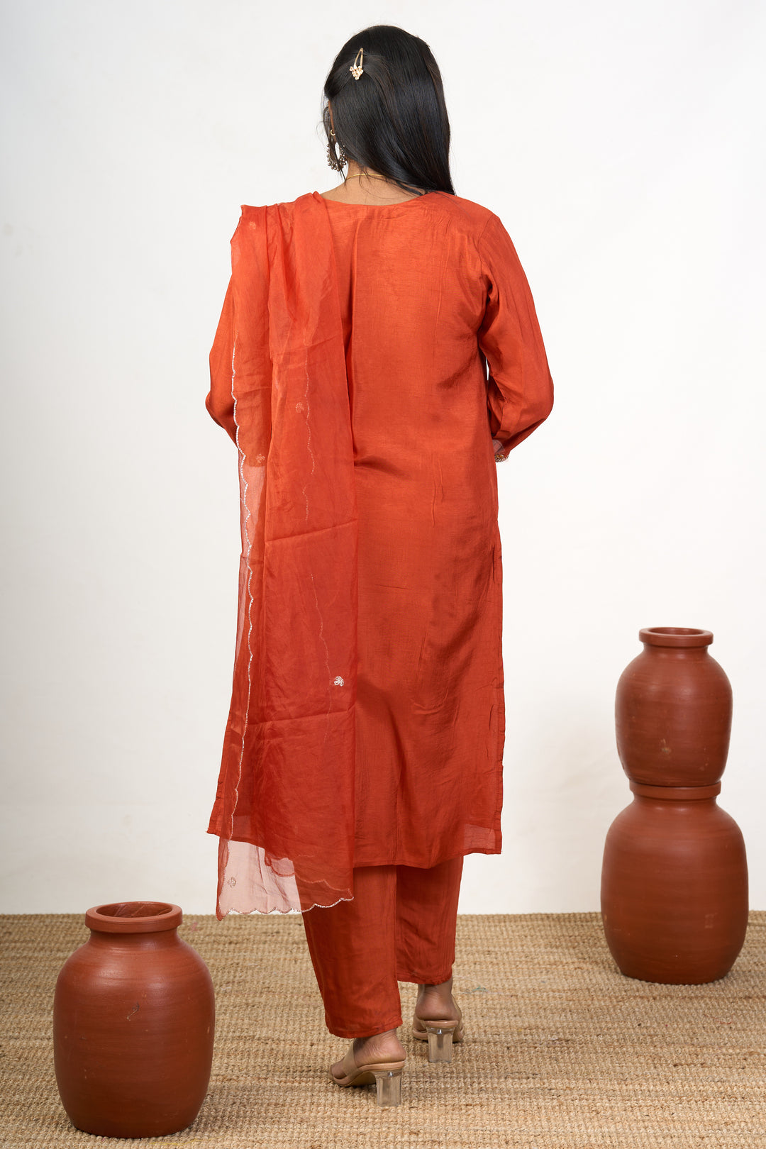 Wedding Wear Kurta Sets in Orange Art Silk with Intricate Embroidery and Matching Dupatta