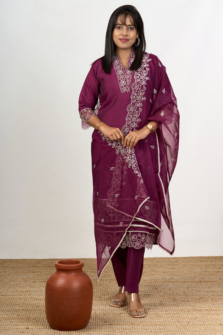 Elegant Purple Chiffon Kurta Set with Floral Embroidery Dupatta