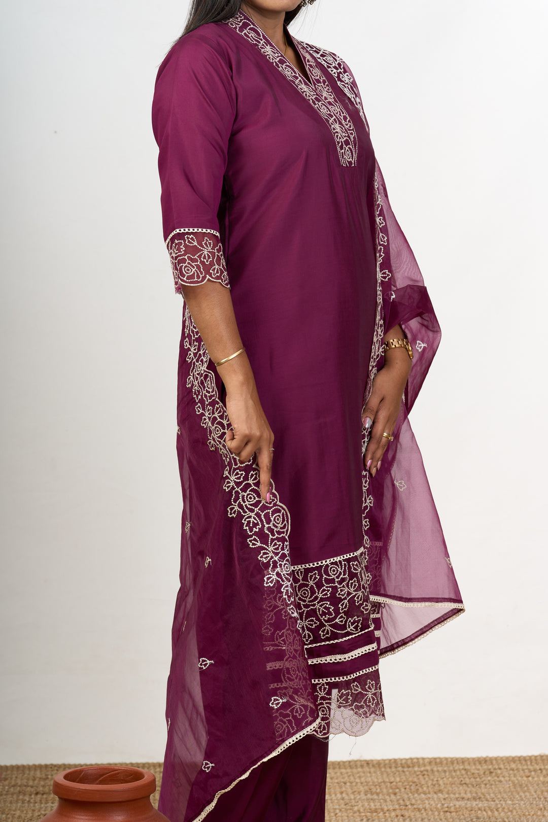 Elegant Purple Chiffon Kurta Set with Floral Embroidery Dupatta