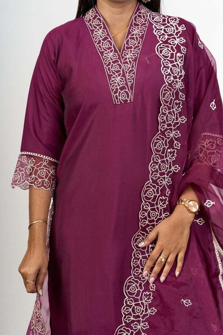 Elegant Purple Chiffon Kurta Set with Floral Embroidery Dupatta