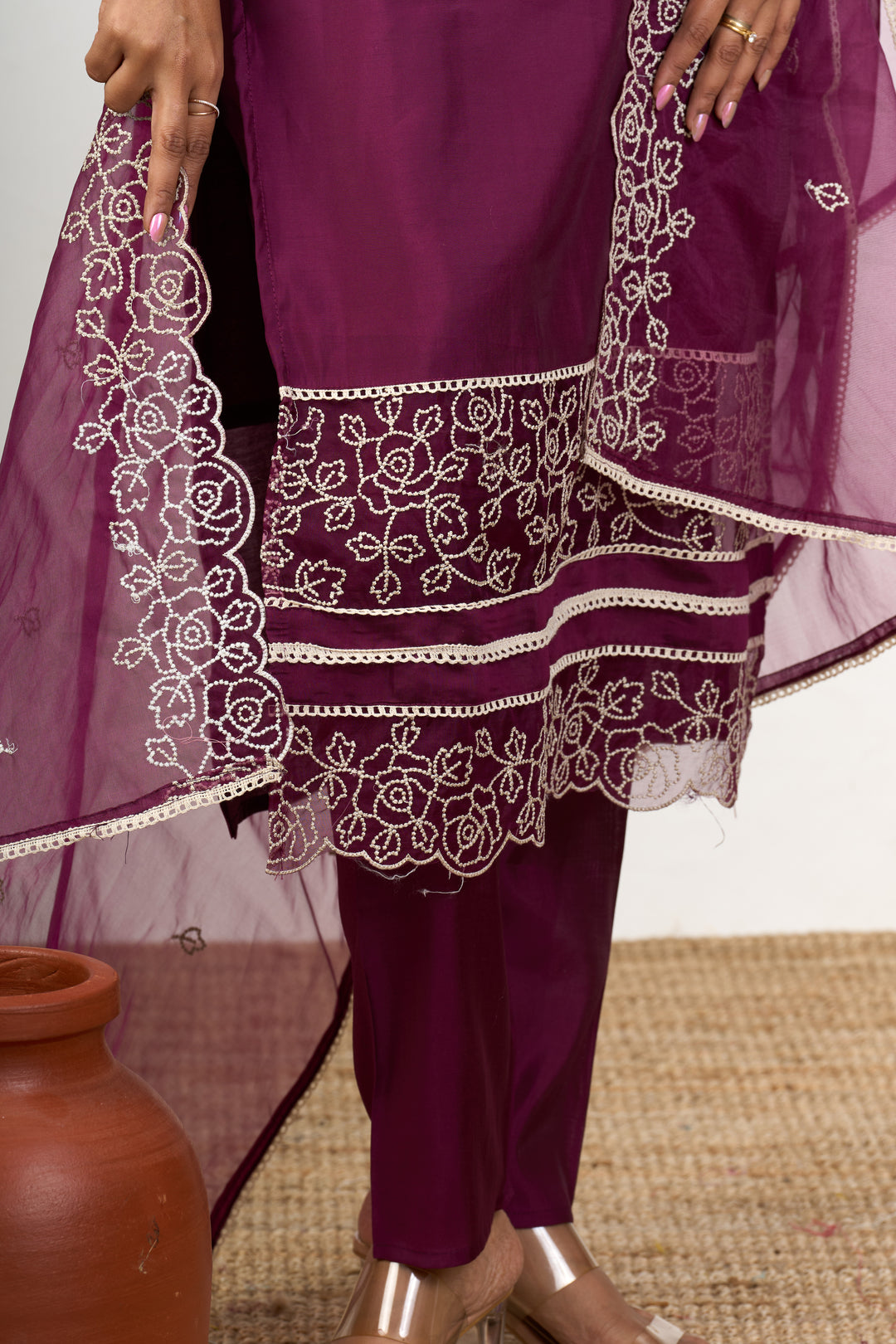 Elegant Purple Chiffon Kurta Set with Floral Embroidery Dupatta