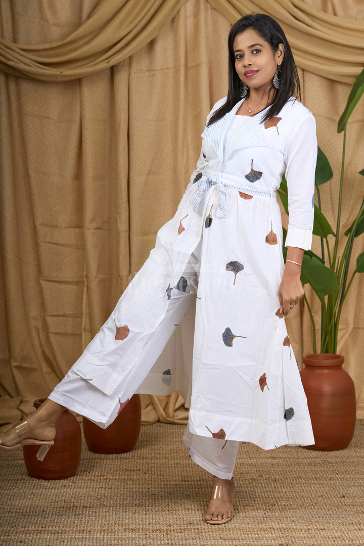 Women's White Maxi Dress with Leaf Motif and Striped Lapel Collar