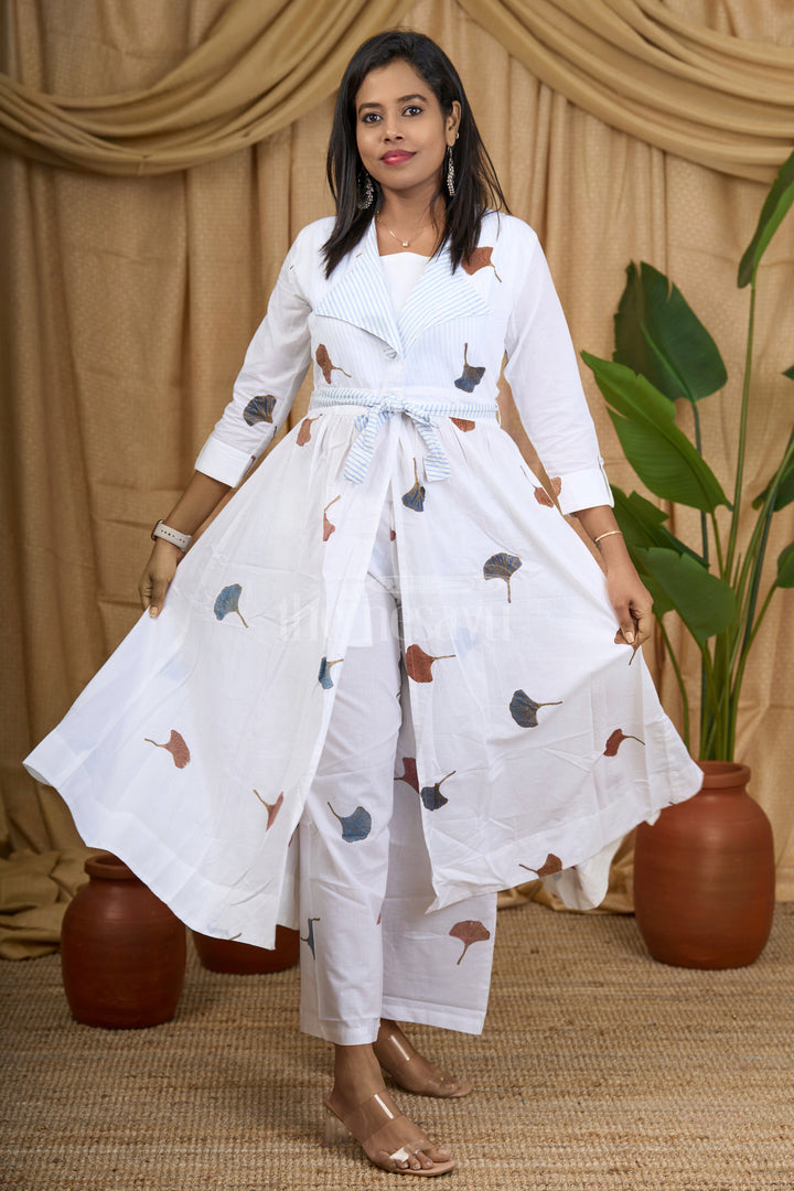 Women's White Maxi Dress with Leaf Motif and Striped Lapel Collar