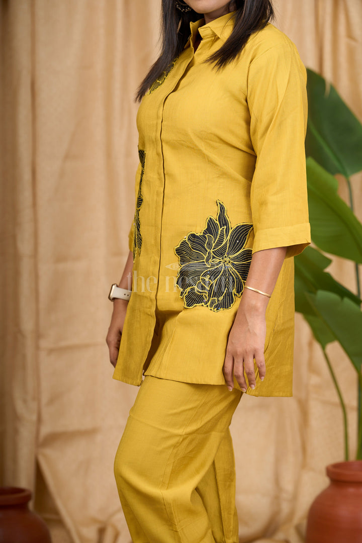 Mustard Viscose Blend Co-ord Set with Bold Black Floral Embroidery and Shirt Collar for Women