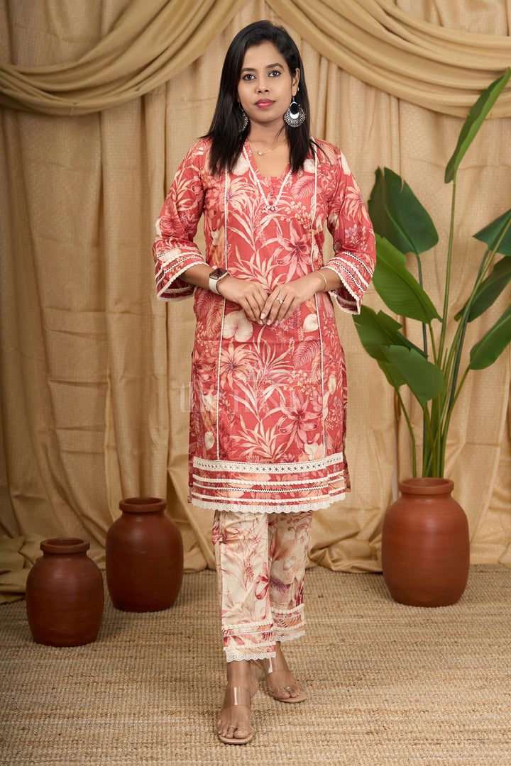 Purple Floral Cotton Kurti Set with Delicate Lace Detailing and Matching Bottom for Women