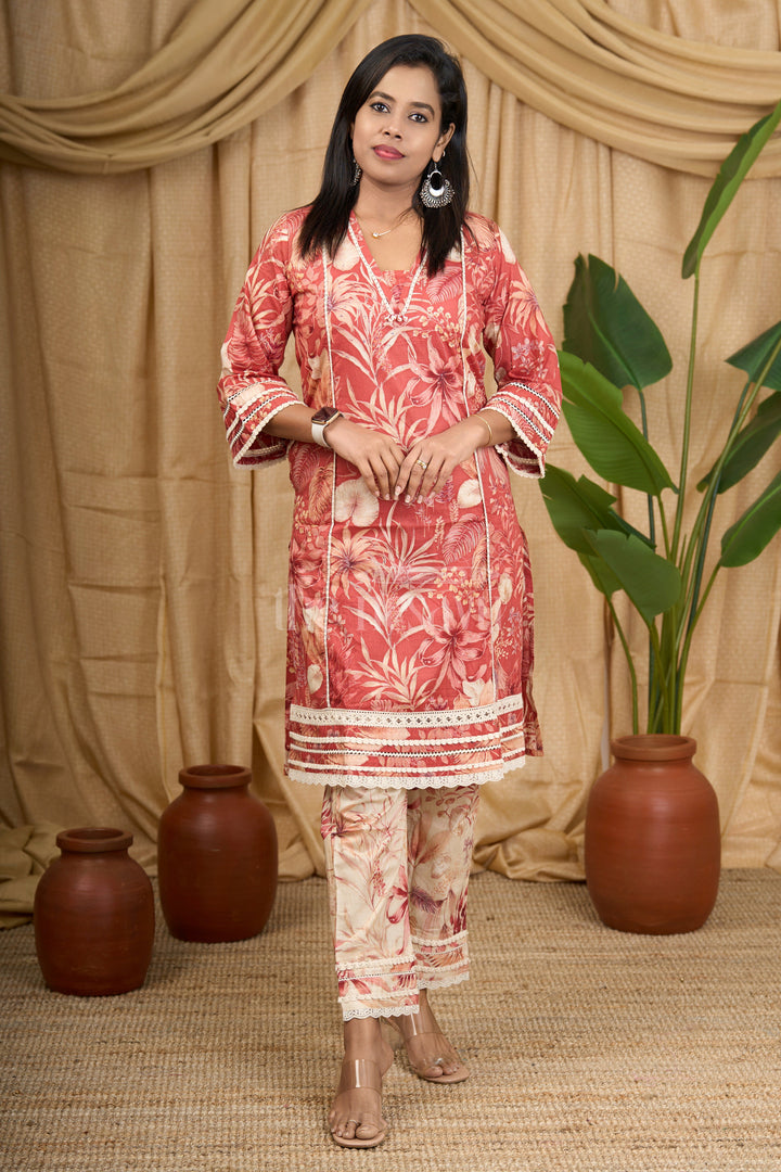 Purple Floral Cotton Kurti Set with Delicate Lace Detailing and Matching Bottom for Women