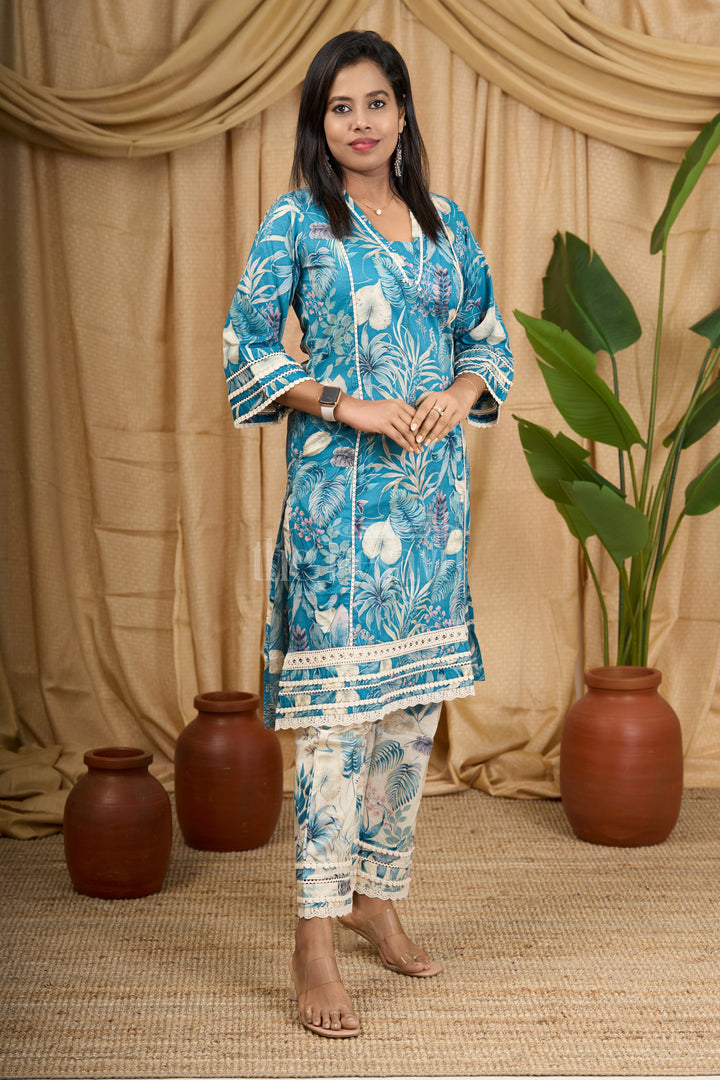 Blue Floral Cotton Kurti Set with Delicate Lace Detailing and Matching Bottom for Women