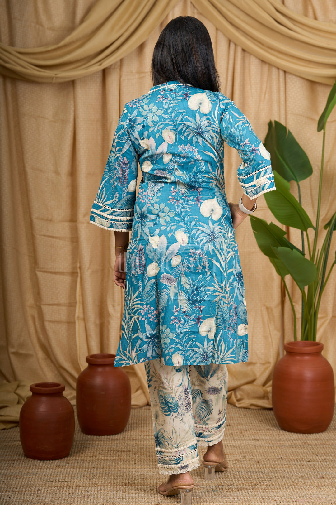 Blue Floral Cotton Kurti Set with Delicate Lace Detailing and Matching Bottom for Women