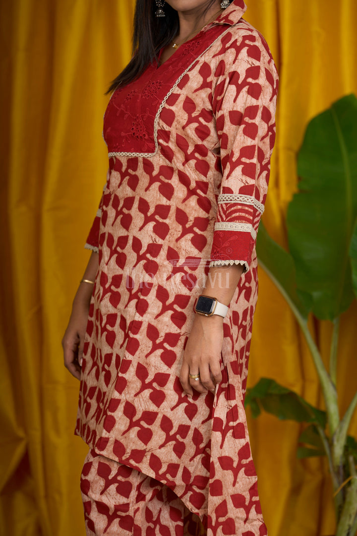 Maroon Batik Printed Cotton Flared Kurtha with Lace Detailing and Comfortable Fit for Women