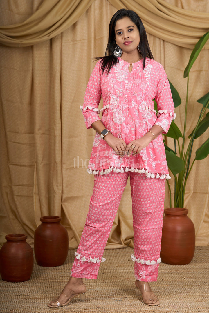 Pink Jaipuri Block Print Co-Ord Set for Women with Pom-Pom Detailing