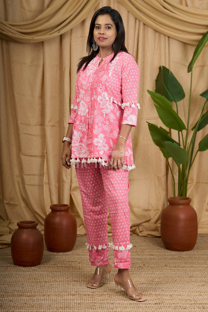 Pink Jaipuri Block Print Co-Ord Set for Women with Pom-Pom Detailing