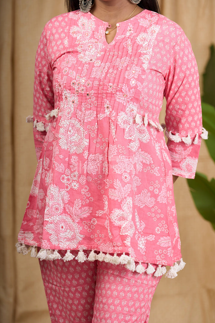 Pink Jaipuri Block Print Co-Ord Set for Women with Pom-Pom Detailing