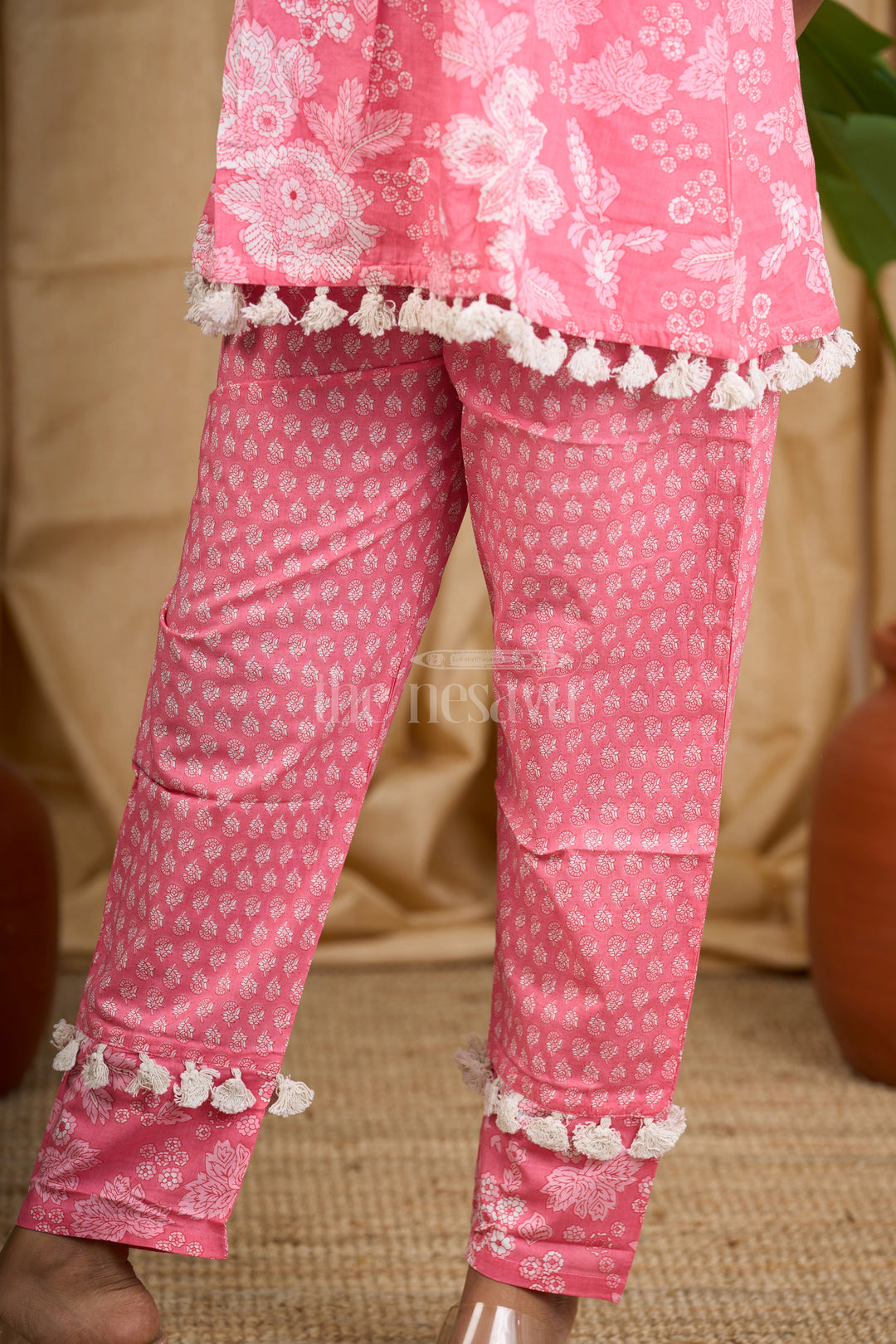 Pink Jaipuri Block Print Co-Ord Set for Women with Pom-Pom Detailing