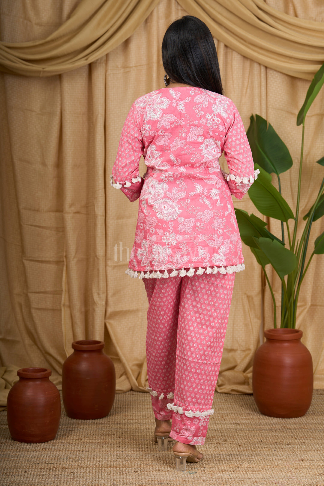 Pink Jaipuri Block Print Co-Ord Set for Women with Pom-Pom Detailing