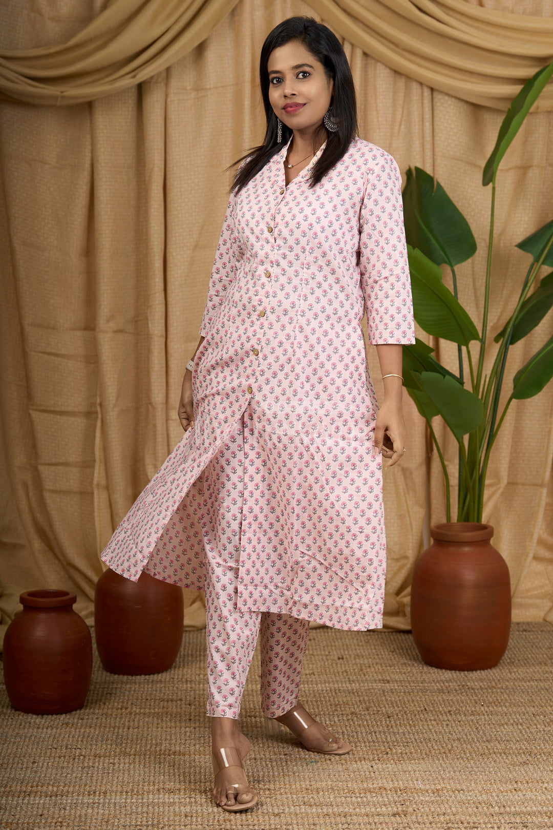 Purple Cotton Flared Kurta Co-Ord Set for Women with Floral Print