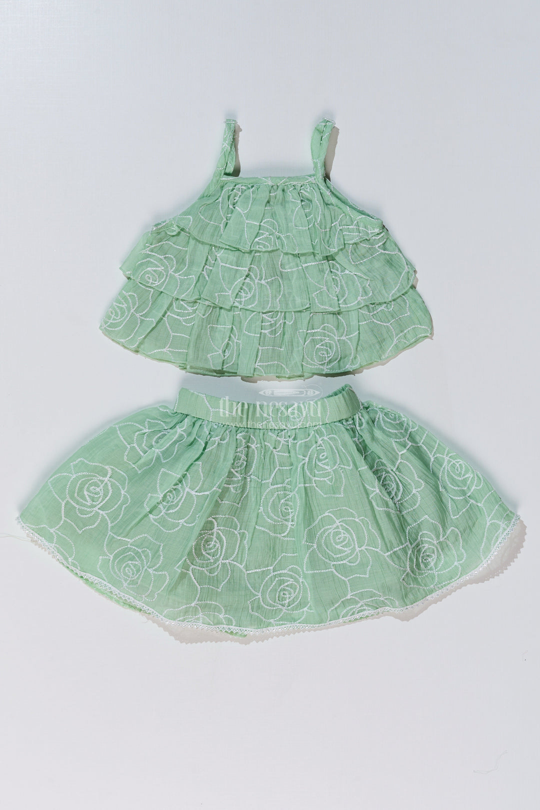 The Nesavu Baby Fancy Frock Adorable Casual Birthday Outfits for Girls with Ruffled Layers and Floral Thread Embroidery Nesavu 18 (2Y) / Green BFJ729A-18 Adorable Casual Birthday Outfits Girls Ruffled Layers Floral Thread Embroidery | The Nesavu