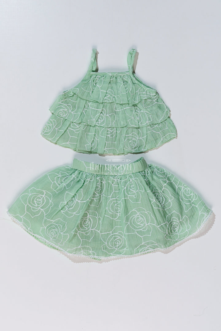 The Nesavu Baby Fancy Frock Adorable Casual Birthday Outfits for Girls with Ruffled Layers and Floral Thread Embroidery Nesavu 18 (2Y) / Green BFJ729A-18 Adorable Casual Birthday Outfits Girls Ruffled Layers Floral Thread Embroidery | The Nesavu