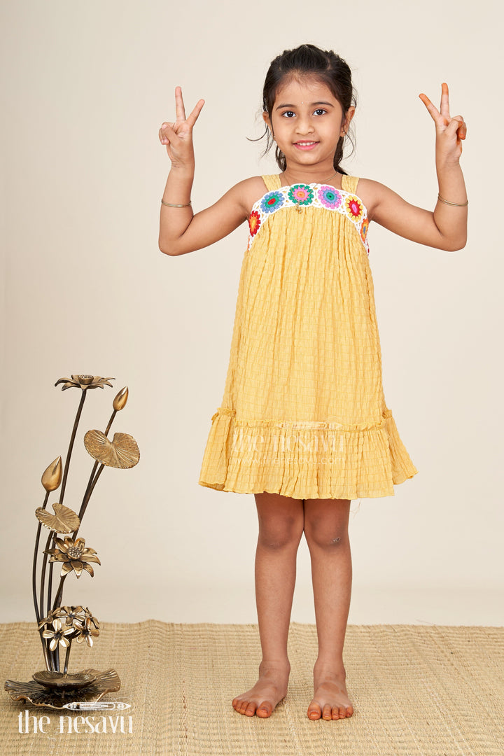 The Nesavu Girls Fancy Frock Adorable Casual Wear Outfits for Girls with Popcorn Crush Fabric and Crochet Detailing Nesavu 16 (1Y) / Yellow GFC1641A-16 Adorable Casual Wear Outfits Girls Popcorn Crush Fabric Crochet Detailing | The Nesavu