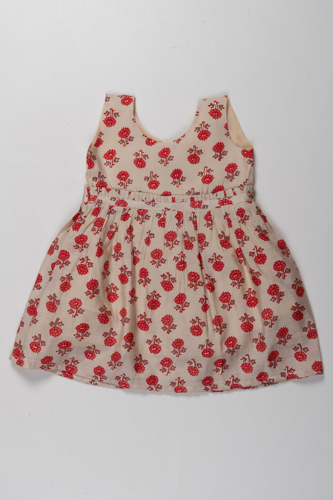 The Nesavu Adorable Cream and Red Floral Cotton Frock for Kids Nesavu 14 (6M) / Cream / Chanderi GFC1329A-14 Cream and Red Floral Cotton Frock for Kids - Comfortable Daily Wear