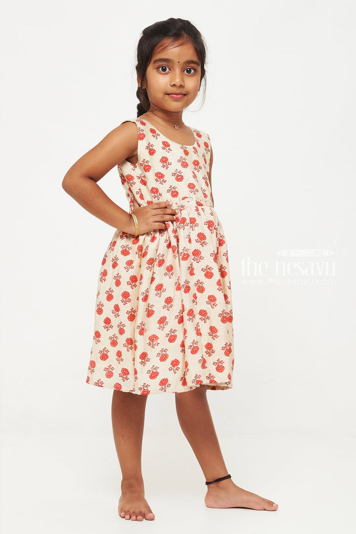 The Nesavu Adorable Cream and Red Floral Cotton Frock for Kids Nesavu Cream and Red Floral Cotton Frock for Kids - Comfortable Daily Wear