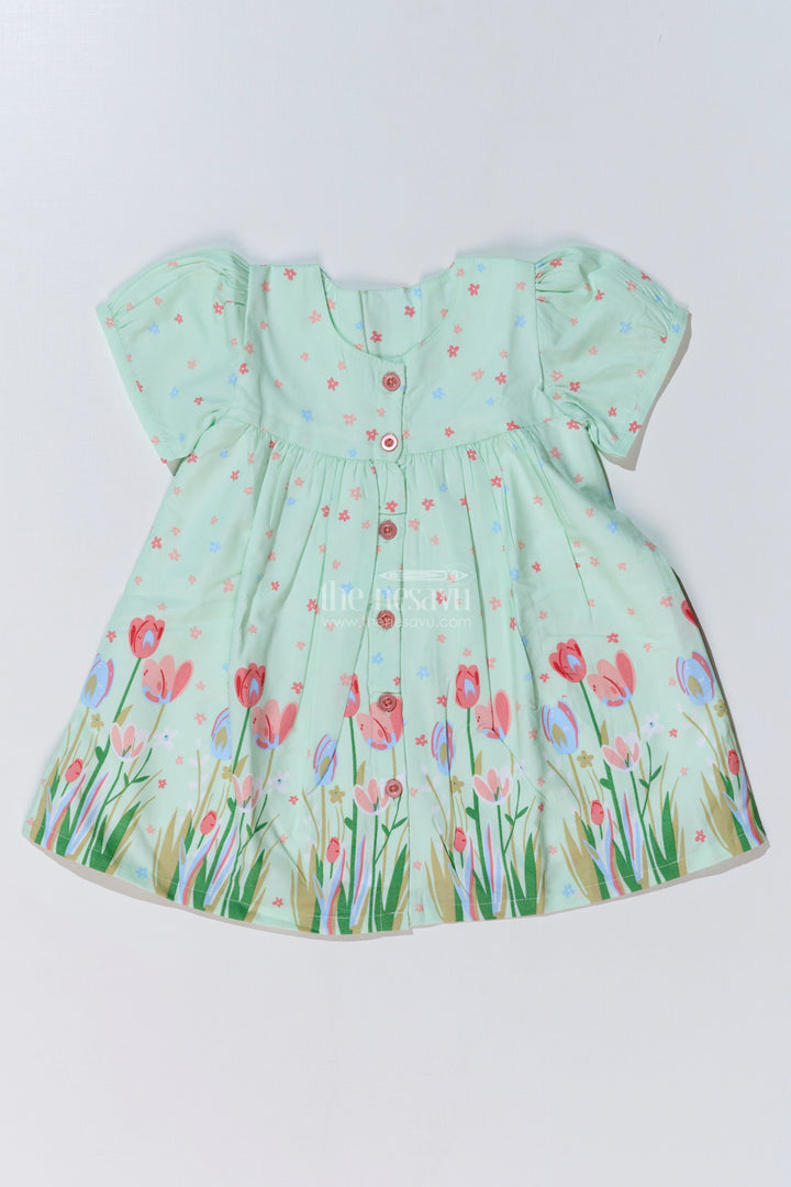 The Nesavu Baby Cotton Frocks Adorable Floral Print Frock Suit for Baby Girls with Button-Front and Puff Sleeves Nesavu 10 (NB) / Green BFJ733A-10 Adorable Floral Print Frock Suit Baby Girls Button-Front Puff Sleeves | The Nesavu