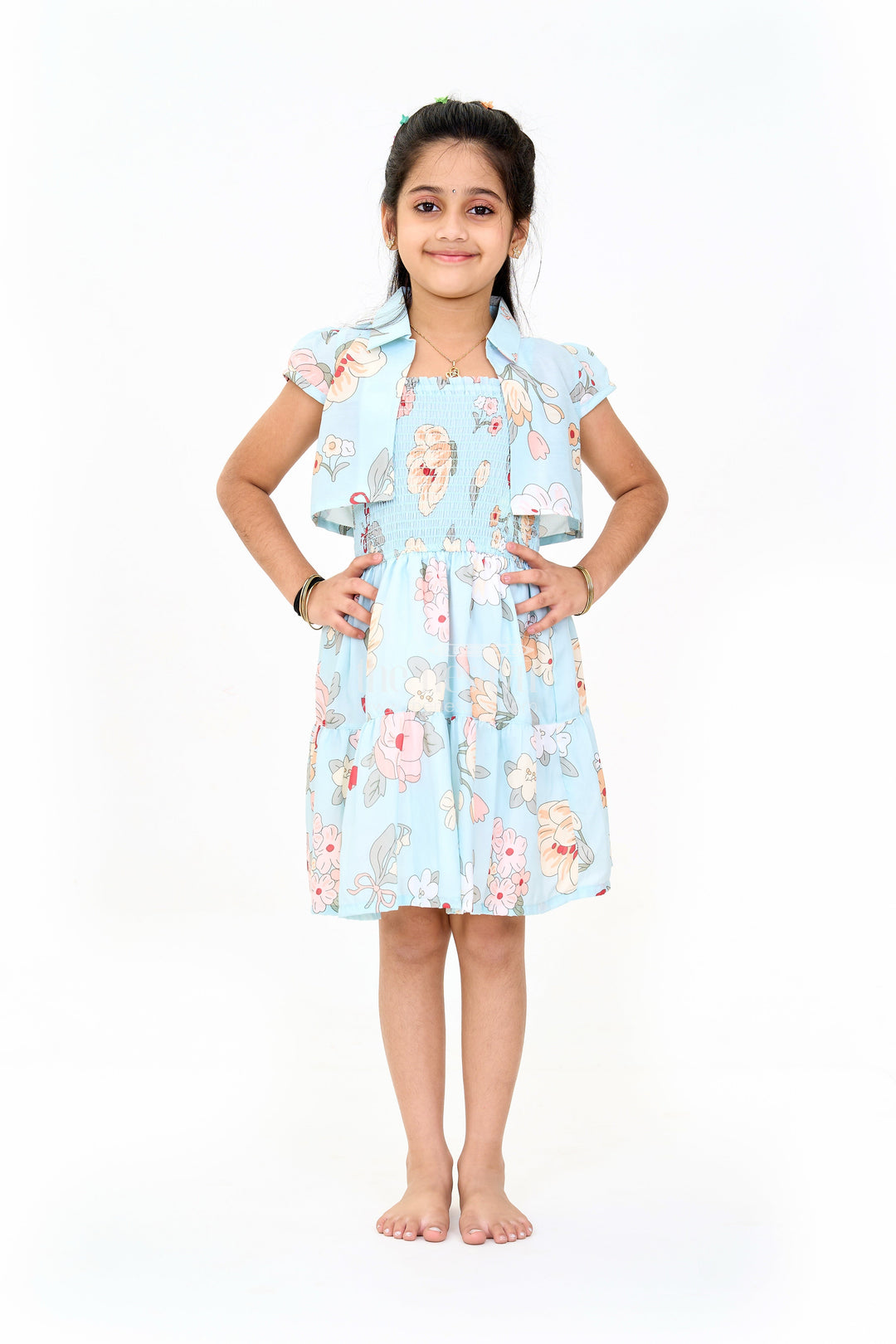 The Nesavu Girls Fancy Frock Adorable Girls Cute Frock in Cotton Blend with Floral Patterns and Tiered Design Nesavu 20 (3Y) / Blue GFC1536A-20 Nesavu Adorable Blue Floral Cotton Blend Cute Frock Tiered Layers Girls
