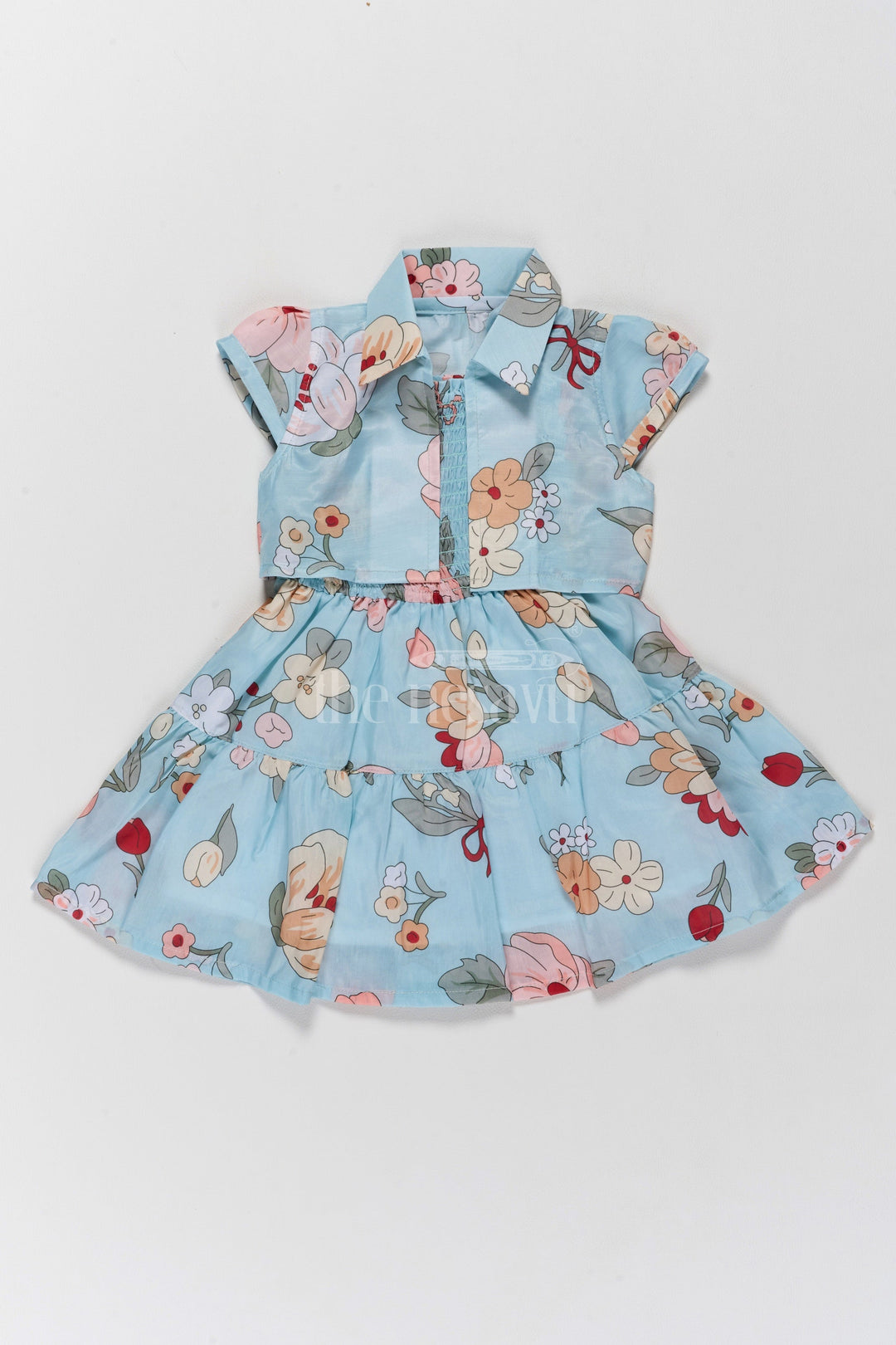 The Nesavu Girls Fancy Frock Adorable Girls Cute Frock in Cotton Blend with Floral Patterns and Tiered Design Nesavu Nesavu Adorable Blue Floral Cotton Blend Cute Frock Tiered Layers Girls