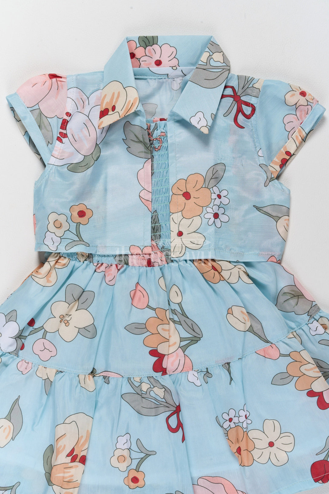 The Nesavu Girls Fancy Frock Adorable Girls Cute Frock in Cotton Blend with Floral Patterns and Tiered Design Nesavu Nesavu Adorable Blue Floral Cotton Blend Cute Frock Tiered Layers Girls