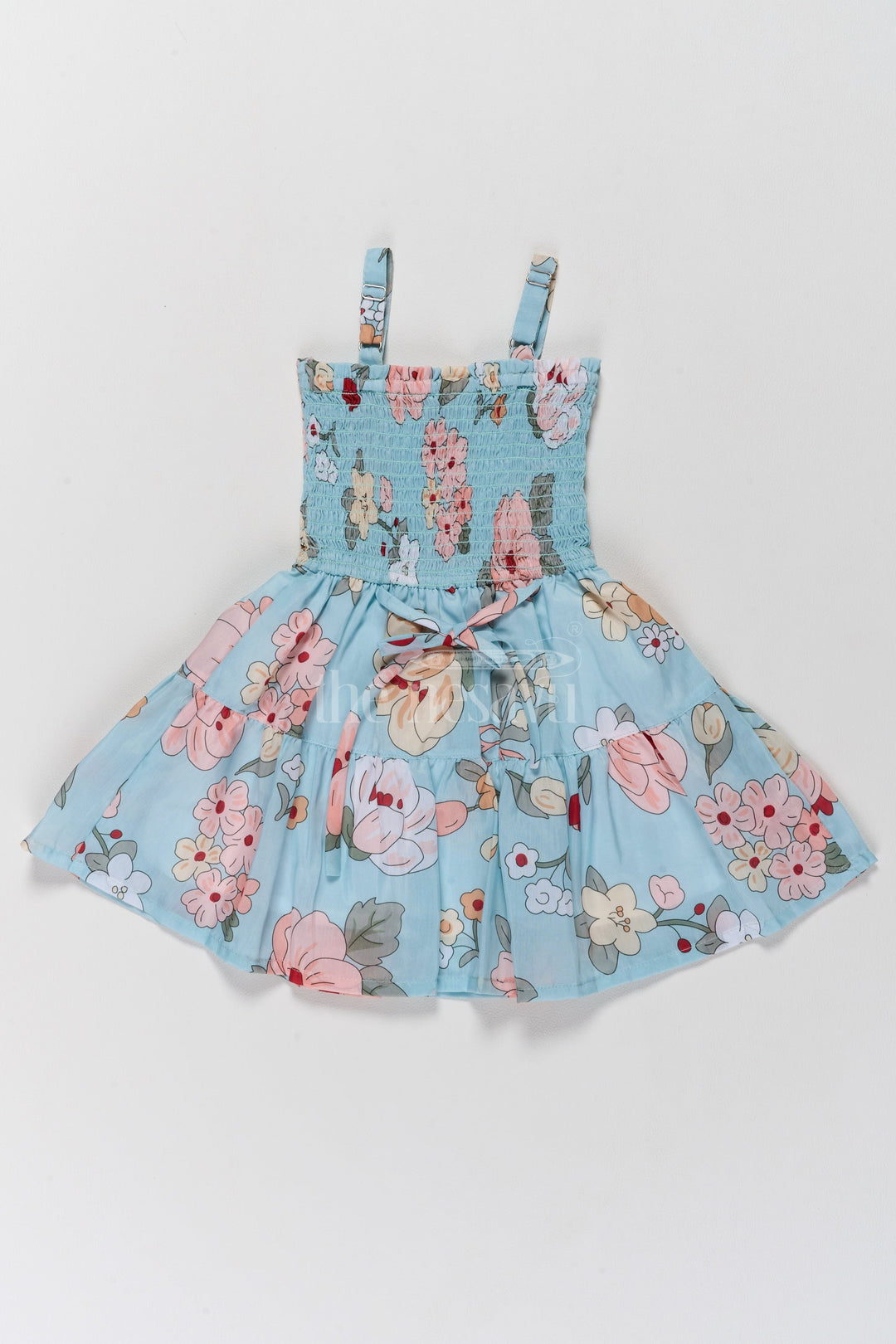 The Nesavu Girls Fancy Frock Adorable Girls Cute Frock in Cotton Blend with Floral Patterns and Tiered Design Nesavu Nesavu Adorable Blue Floral Cotton Blend Cute Frock Tiered Layers Girls