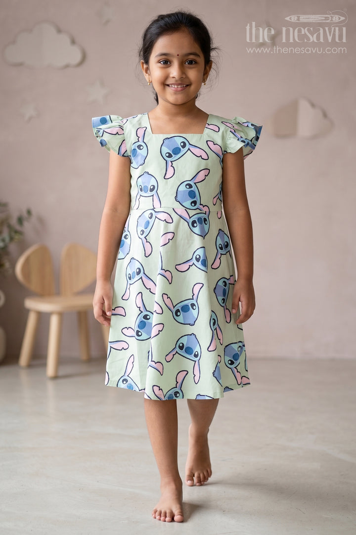 The Nesavu Girls Cotton Frock Adorable Girls Pure Cotton Frock with Playful Cartoon Print and Cap Sleeves Nesavu 16 (1Y) / Green GFC1556A-16 Girls Pure Cotton Frock Cartoon Print Cap Sleeves Relaxed Fit | The Nesavu