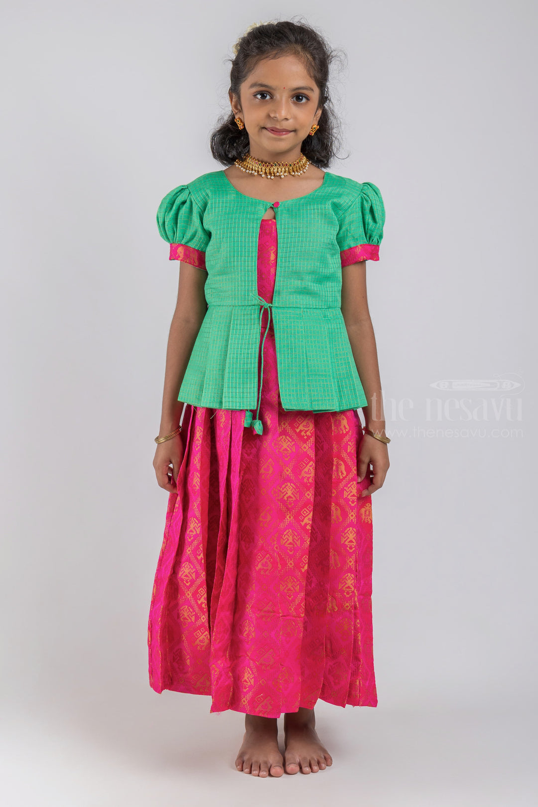 The Nesavu Pattu Pavadai Adorable Green Silk Blouse And Pink Pleated Designer Silk Skirt For Girls psr silks Nesavu 16 (1Y) / Pink / Jacquard GPP258B