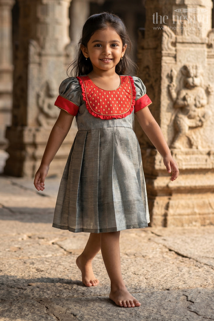 The Nesavu Silk Frock Adorable Grey and Red Pattu Pavadai Frock for Girls in Silver Tissue Nesavu 14 (6M) / Gray SF759K-14 Nesavus Grey Red Pattu Pavadai Frock Girls Silver Tissue Elegance