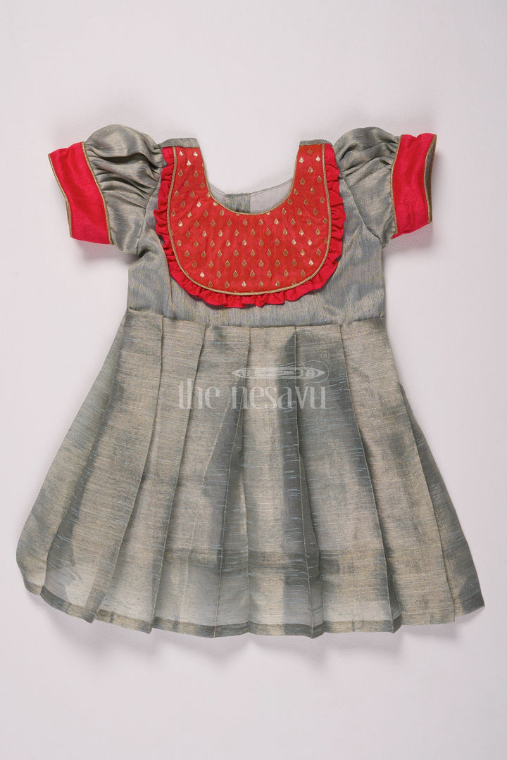 The Nesavu Silk Frock Adorable Grey and Red Pattu Pavadai Frock for Girls in Silver Tissue Nesavu 14 (6M) / Gray SF759K-14 Nesavus Grey Red Pattu Pavadai Frock Girls Silver Tissue Elegance