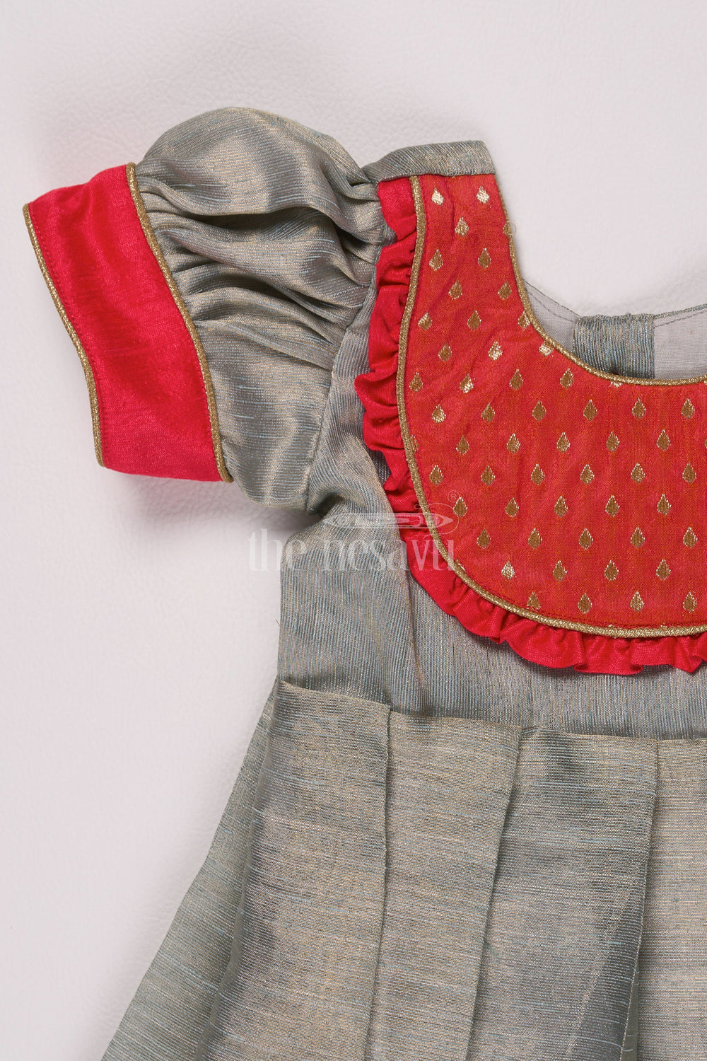 The Nesavu Silk Frock Adorable Grey and Red Pattu Pavadai Frock for Girls in Silver Tissue Nesavu Nesavus Grey Red Pattu Pavadai Frock Girls Silver Tissue Elegance